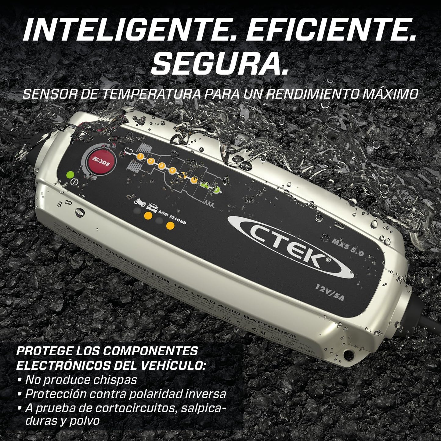 MXS 5.0, Cargador Batería 12V 5A Con Compensación De Temperatura Incorporada, Cargador De Batería De Coche Y Moto, Cargador Inteligente Baterias, Mantenedor De Batería Con Opción De AGM Dedicada
