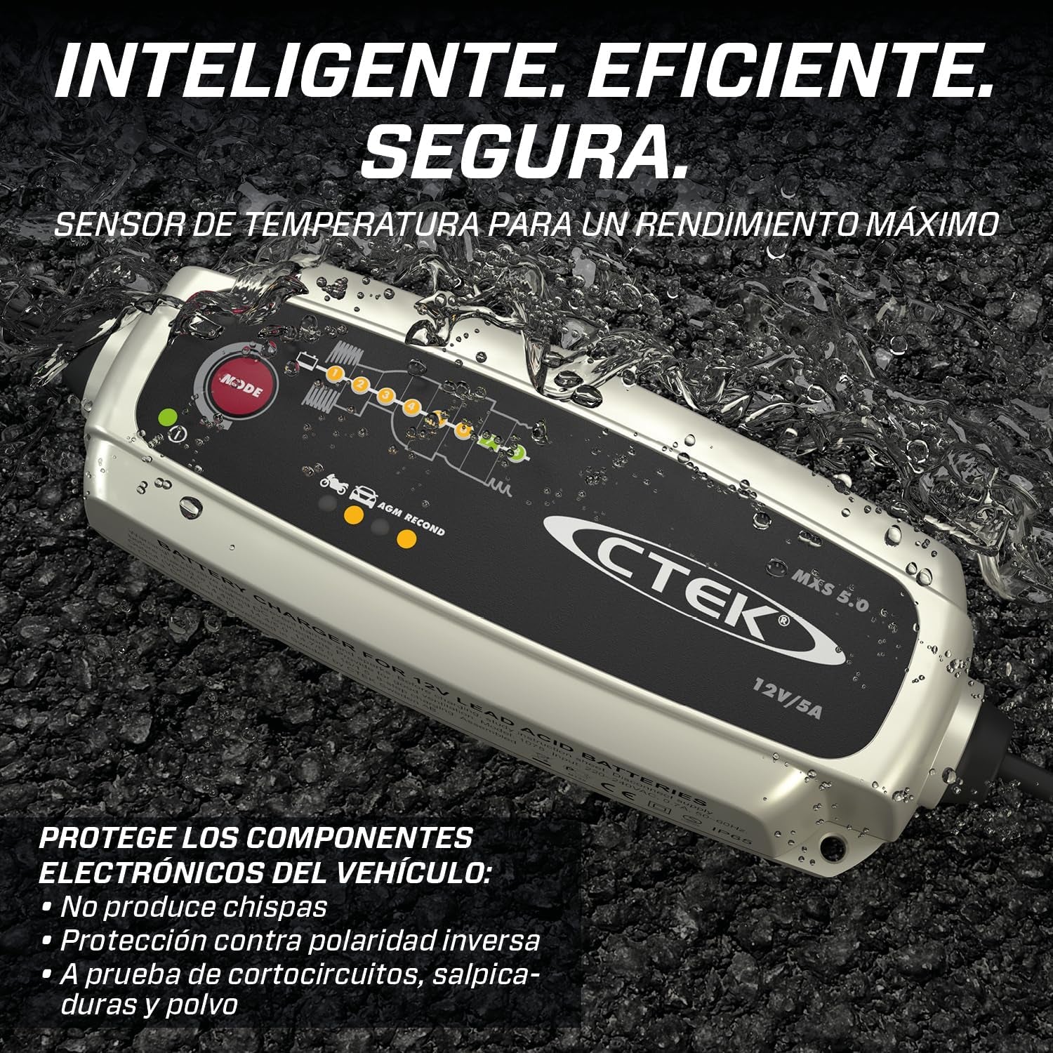 MXS 5.0, Cargador Batería 12V 5A Con Compensación De Temperatura Incorporada, Cargador De Batería De Coche Y Moto, Cargador Inteligente Baterias, Mantenedor De Batería Con Opción De AGM Dedicada