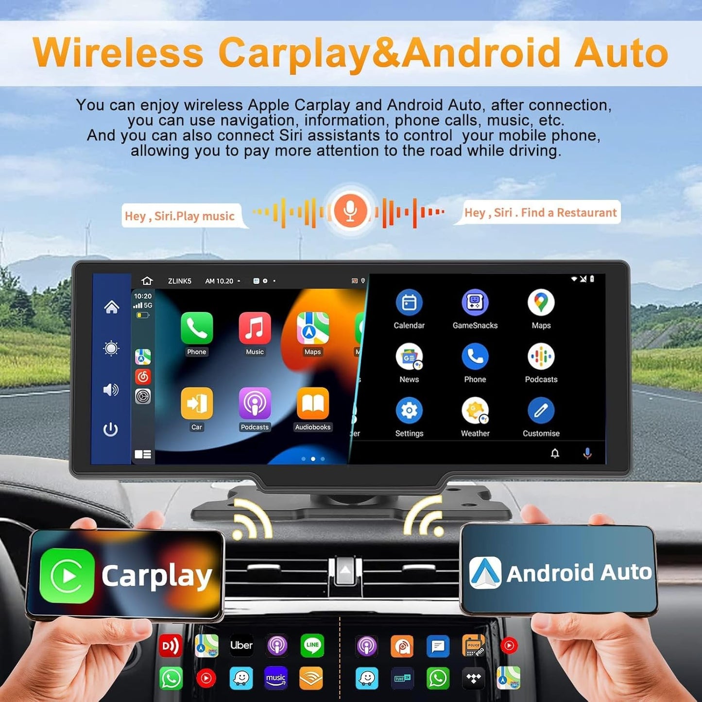 Podofo La Última Radio De Coche Portátil Inalámbrica Apple Carplay Y Android Auto,Pantalla Táctil IPS 1080P De 9,3 Pulgadas,Radio Estéreo Para Coche,Bluetooth, Aux,Control De Voz,Transmisor FM,TF