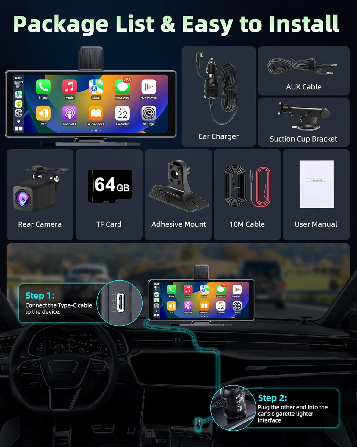 350° Rotatable Pantalla Carplay Android Auto Pantalla Con 4K Dash CAM, 10.26 Pulgadas Pantalla Cocho Carplay Pantalla Aoche Android Portátil Carplay Pantalla Dual Bluetooth 64G TF Card