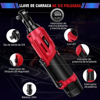 Llave De Trinquete Inalámbrica, Llave De Trinquete Eléctrica 3/8" 300RPM Con 7 Vasos,2 X 1.5Ah Baterías, 40N.M Juego De Llaves De Carraca a Batería Con Interruptor De Avance/Retroceso,Luz LED
