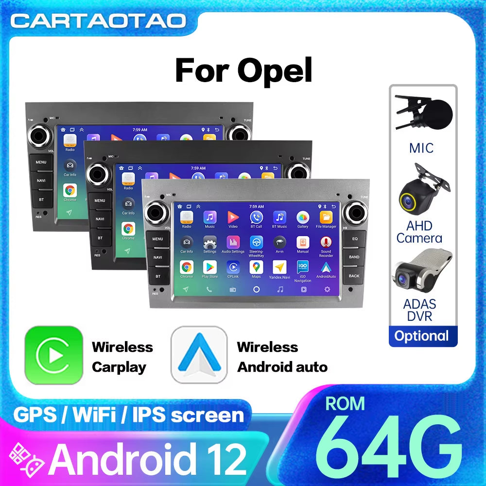 Android 12 for Opel Astra Antara Vectra Corsa Zafira Multimedia Video Player GPS Navigation Carplay Android Auto 2Din Stereo