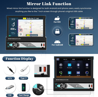 Hikity Am FM Radio Coche 1 DIN Wireless Carplay Android Auto Con Retráctil Pantalla Táctil 7 Pulgadas 1Din Bluetooth Mirror Link USB + Cámara De Marcha Atrás Y Control Remoto