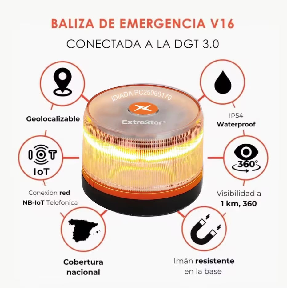 2026 Latest Version Extrastar V16 Car Emergency Light Approved by DGT with Geolocation 3.0 with SIM and Data Paid 2038