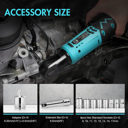 Llave De Carraca Eléctrica Inalámbrica, 12V Atornillador De Impacto, Llave De Trinquete Con Carga Rápida, 2 Packs De Batería De 2000Mah, Gatillo De Velocidad Variable, 65N.M