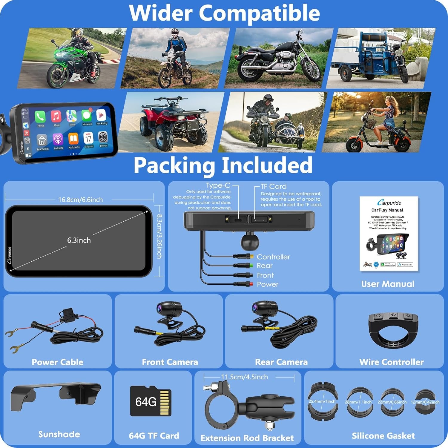 Carpuride Pantalla Carplay GPS Para Motocicleta De 6,3 Pulgadas, Carplay Inalámbrico Y Android Auto Para Motocicletas, Con Cámara Dual 1080P, Control Remoto, IP67 a Prueba De Agua, BT Aduio