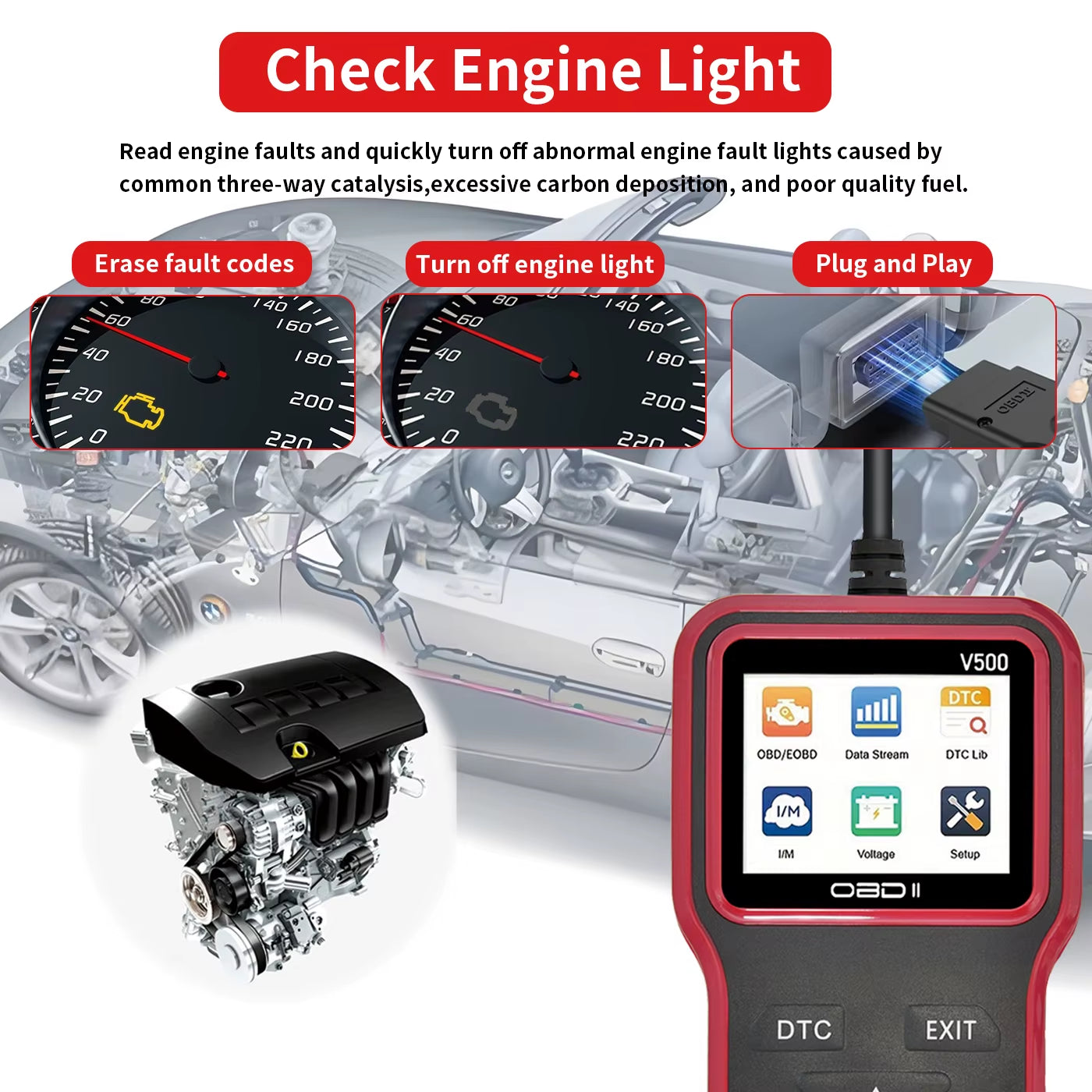 2025 Latest Obd2 Scanner Diagnostic Tool - Complete Engine Code Reader with Data Stream, I/M Readiness, Voltage Test, and Erase Function, Obd Powered, Compatible with All Vehicles since 1996