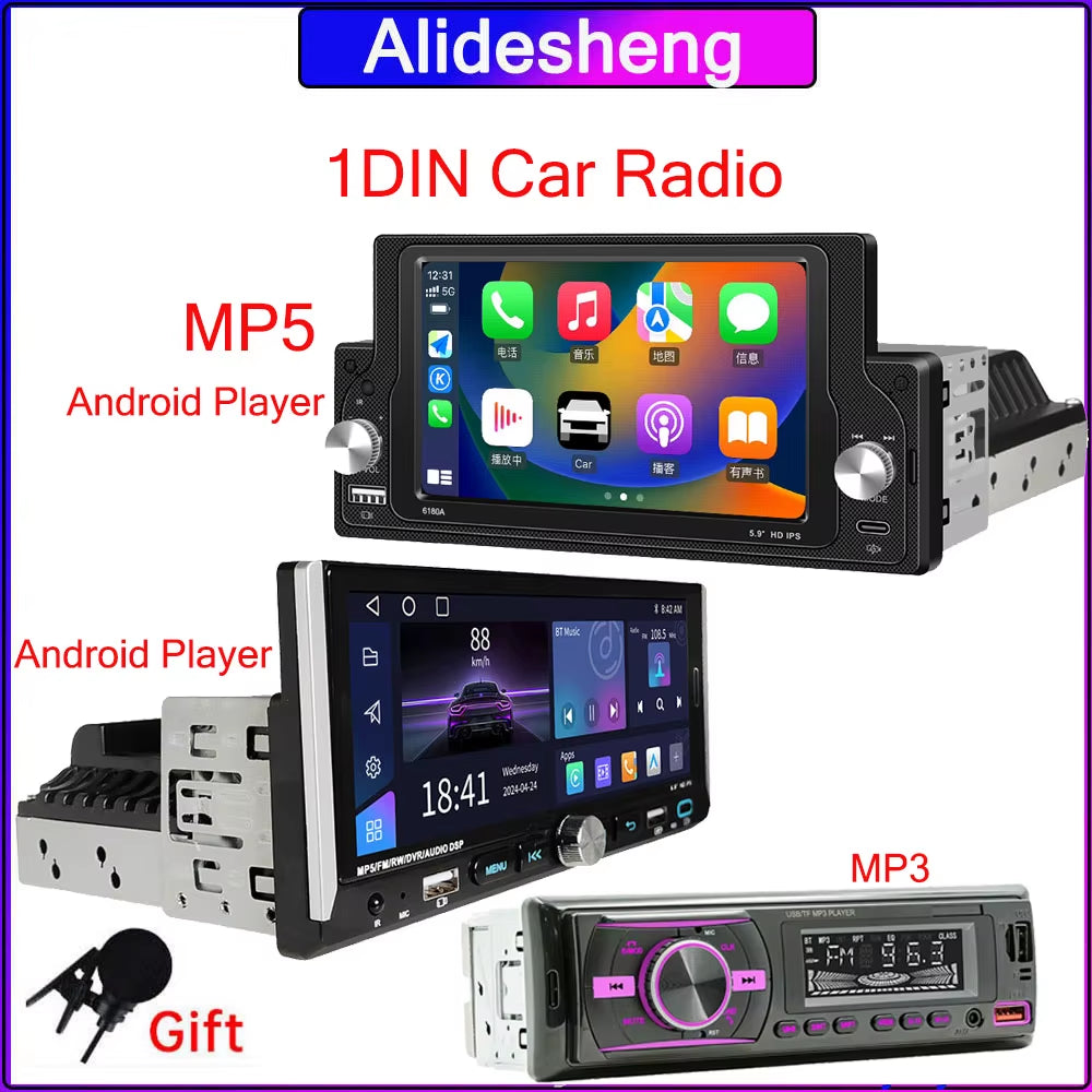 1Din Carplay Android Auto Car Radio Android 13 Multimedia Video MP3 MP5 Player with BT FM Stereo USB Plug Autoradio