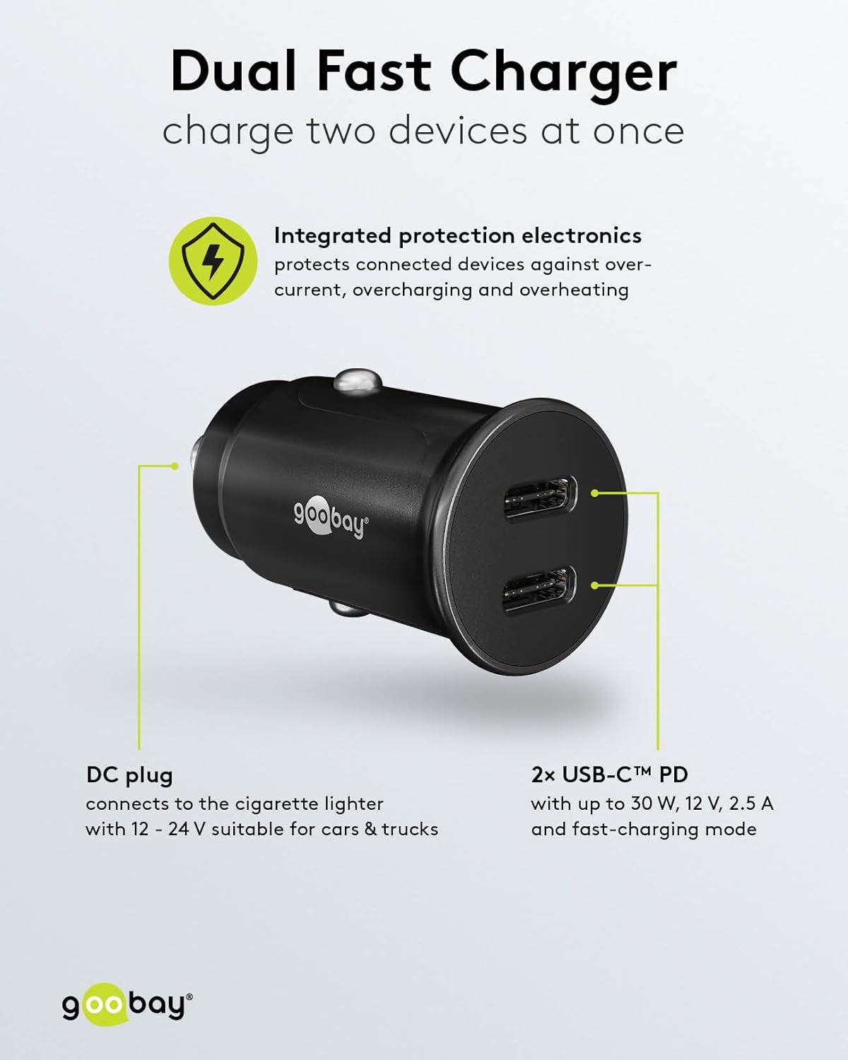 59705 Cargador De 2 Puertos Para Coche/Automóvil Con USB-C PD (Power Delivery), Mini Cargador De Mechero De Doble USB, Coche Y Camión (12V / 24V), 30W