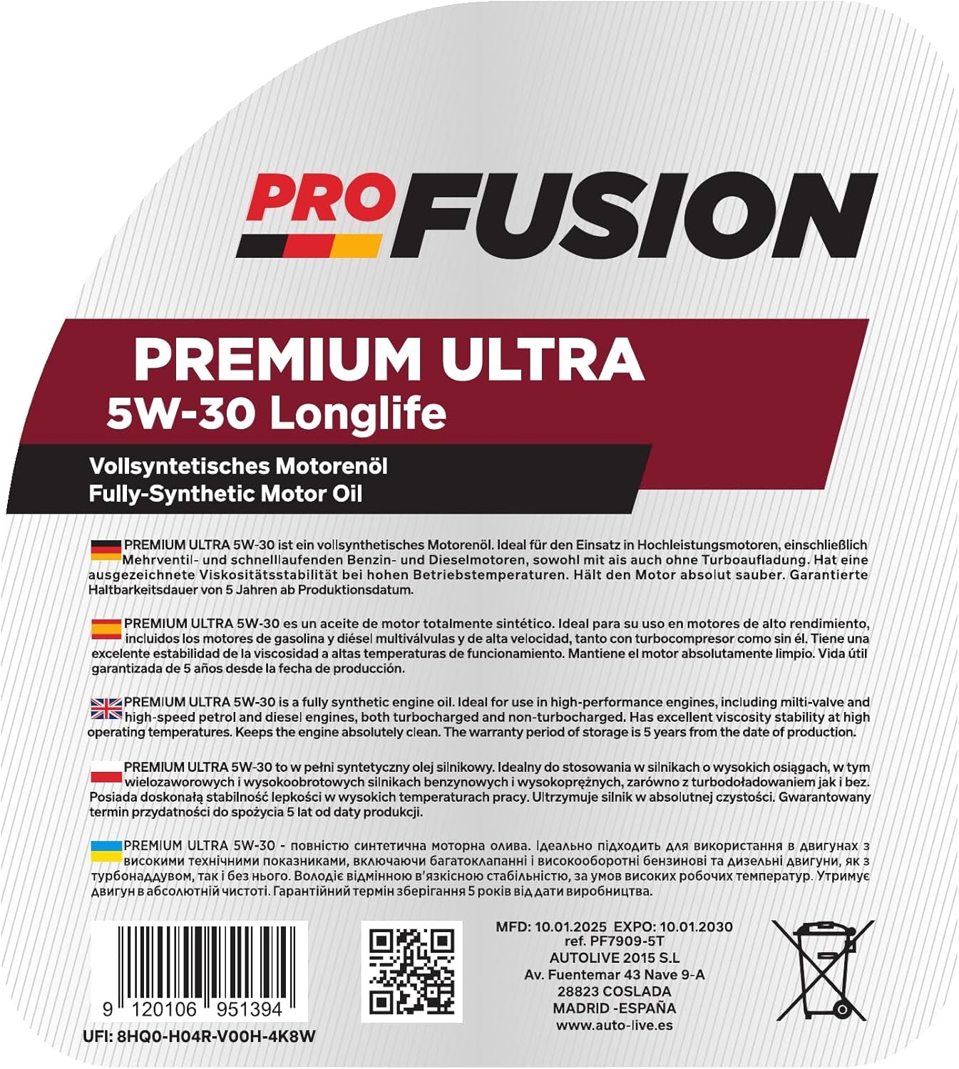 Profusion Aceite Para Motores Gasolina Y Diésel 5W-30 C3 – Lubricante Sintético Para Coche Longlife – 5L