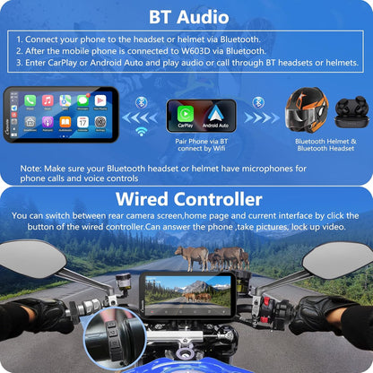 Carpuride Pantalla Carplay GPS Para Motocicleta De 6,3 Pulgadas, Carplay Inalámbrico Y Android Auto Para Motocicletas, Con Cámara Dual 1080P, Control Remoto, IP67 a Prueba De Agua, BT Aduio
