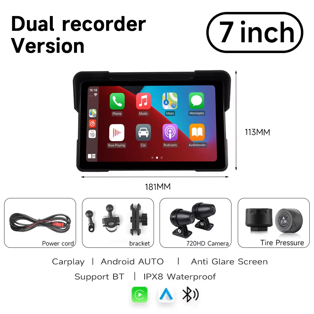 7'' Motorcycle DVR GPS Navigator Dash Cam Wireless Carplay Android Auto IPX8 Waterproof Moto Front Rear Camera Bluetooth Inch