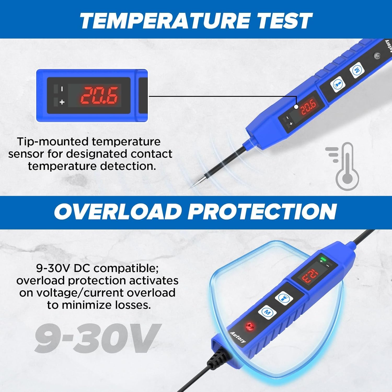 BELEY Comprobador De Circuitos Eléctricos De Automoción Comprobador De Voltaje Para Coche DC 9V-30V Con Pantalla Digital Comprobador De Voltaje Automático Con Luz LED, Protección Contra Sobrecarga