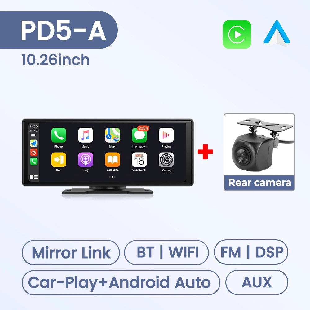 10.26" Car Monitor Wireless Carplay Android-Auto Screen DSP WIFI Multimedia Player Support HD Camera FM AUX Navigation Dashboard