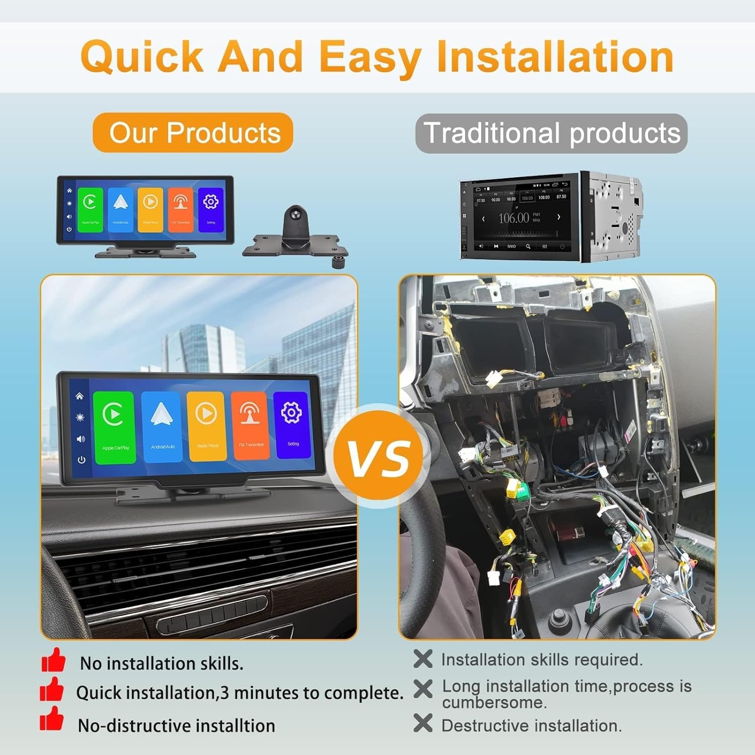 Podofo La Última Radio De Coche Portátil Inalámbrica Apple Carplay Y Android Auto,Pantalla Táctil IPS 1080P De 9,3 Pulgadas,Radio Estéreo Para Coche,Bluetooth, Aux,Control De Voz,Transmisor FM,TF