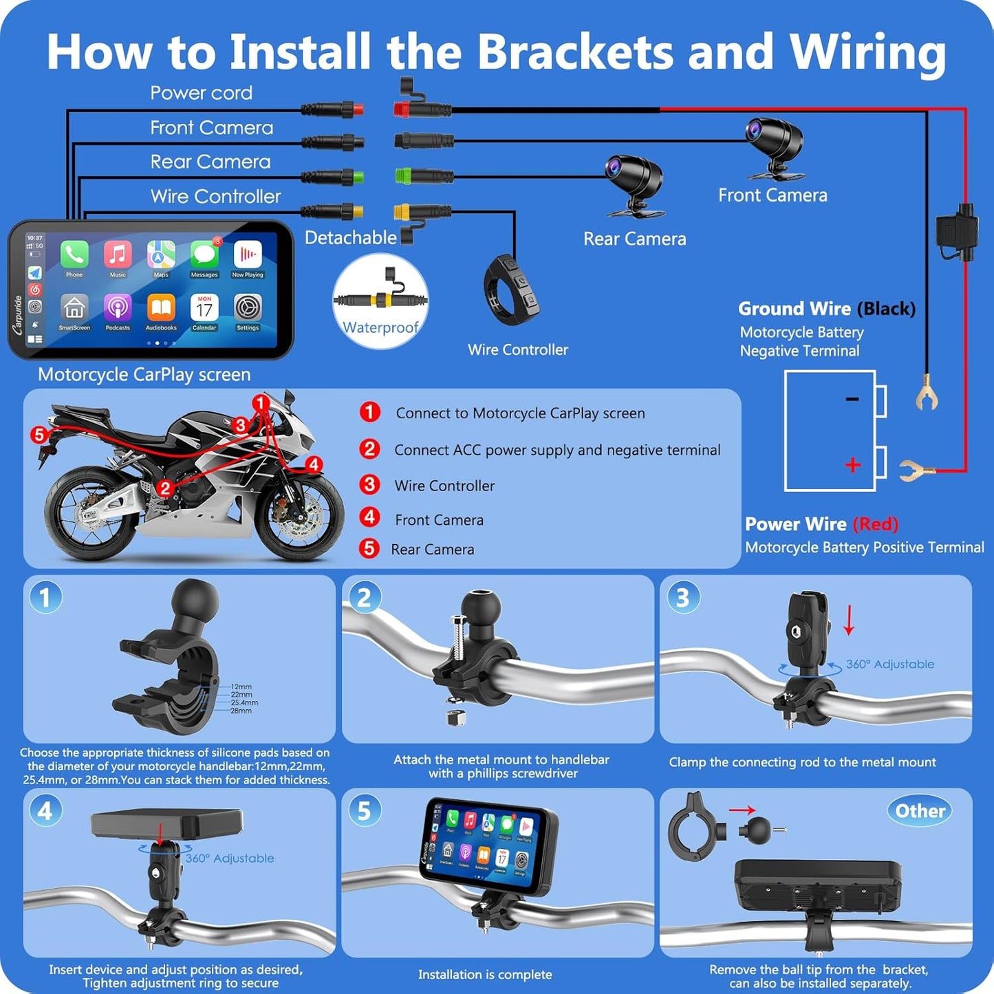 Carpuride Pantalla Carplay GPS Para Motocicleta De 6,3 Pulgadas, Carplay Inalámbrico Y Android Auto Para Motocicletas, Con Cámara Dual 1080P, Control Remoto, IP67 a Prueba De Agua, BT Aduio