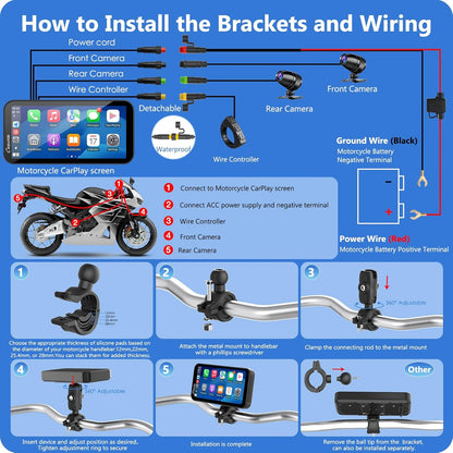 Carpuride Pantalla Carplay GPS Para Motocicleta De 6,3 Pulgadas, Carplay Inalámbrico Y Android Auto Para Motocicletas, Con Cámara Dual 1080P, Control Remoto, IP67 a Prueba De Agua, BT Aduio