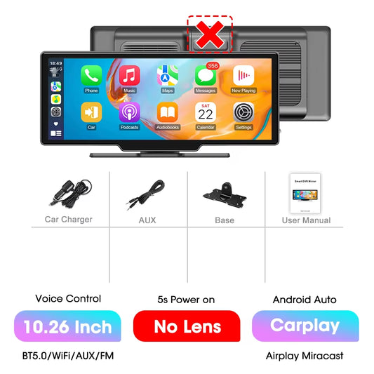 10.26'' 4K Dash Cam Car DVR Android Auto Carplay Display Screen Smart Car System Video Recorder Monitor with Rear Camera 5G WIFI