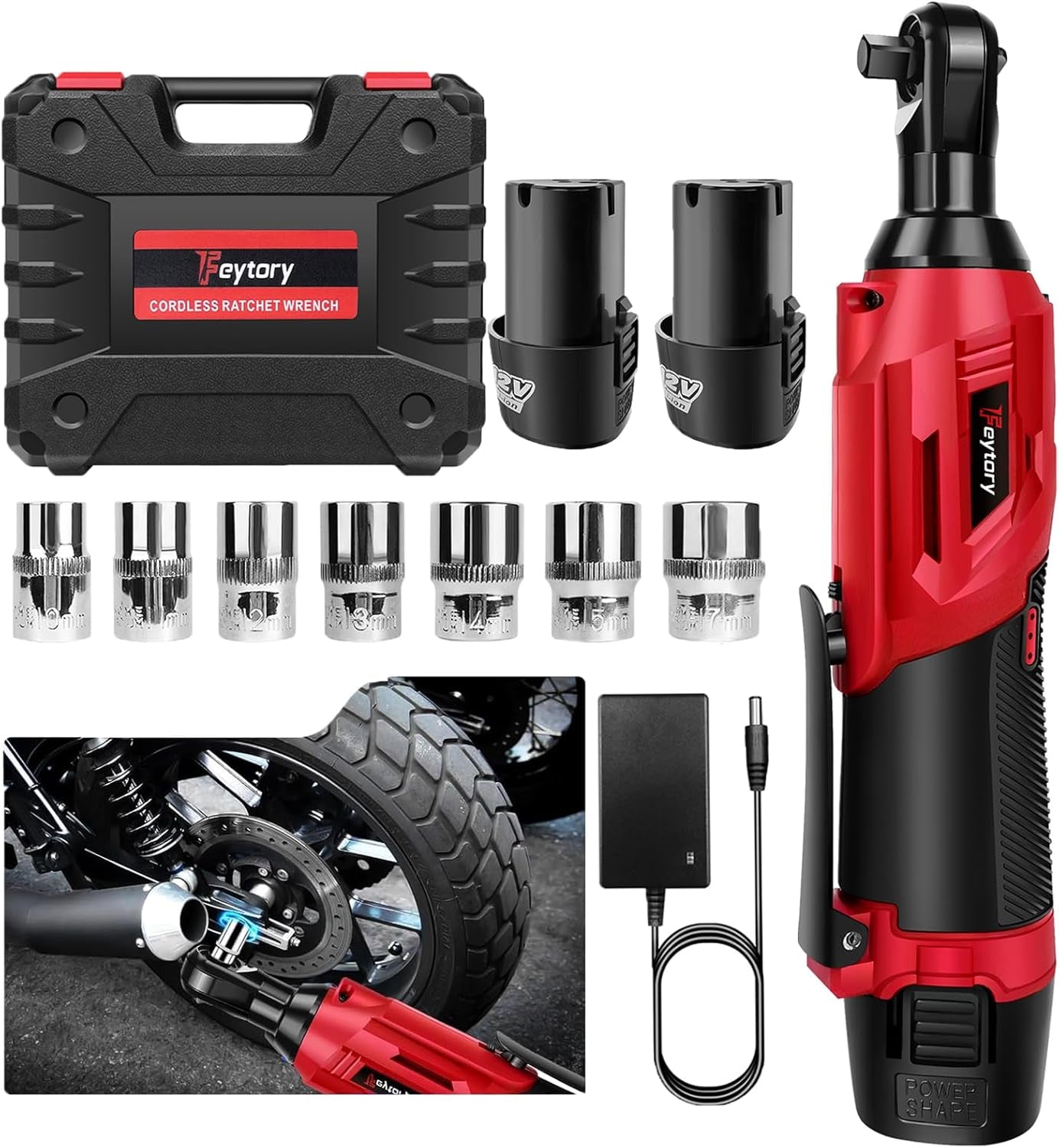 Llave De Trinquete Inalámbrica, Llave De Trinquete Eléctrica 3/8" 300RPM Con 7 Vasos,2 X 1.5Ah Baterías, 40N.M Juego De Llaves De Carraca a Batería Con Interruptor De Avance/Retroceso,Luz LED