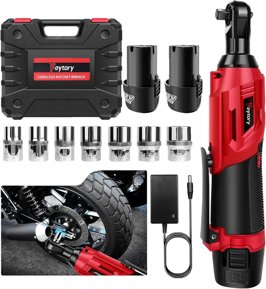 Llave De Trinquete Inalámbrica, Llave De Trinquete Eléctrica 3/8" 300RPM Con 7 Vasos,2 X 1.5Ah Baterías, 40N.M Juego De Llaves De Carraca a Batería Con Interruptor De Avance/Retroceso,Luz LED