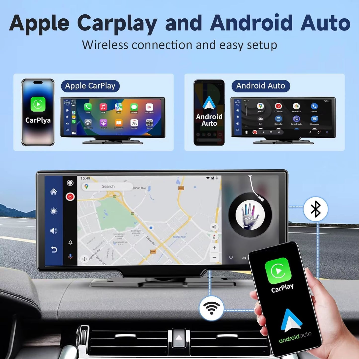 10.26 Inch IPS Screen Wireless Carplay Android Auto Support Reverse Camera Car Dashboard Monitor Bluetooth FM GPS Navigation