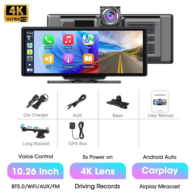 10.26'' 4K Dash Cam Car DVR Android Auto Carplay Display Screen Smart Car System Video Recorder Monitor with Rear Camera 5G WIFI