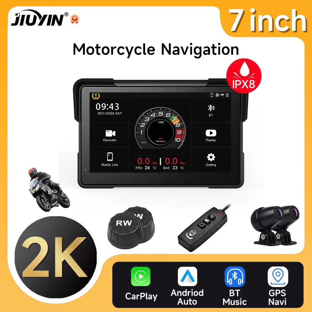 7'' Motorcycle DVR GPS Navigator Dash Cam Wireless Carplay Android Auto IPX8 Waterproof Moto Front Rear Camera Bluetooth Inch