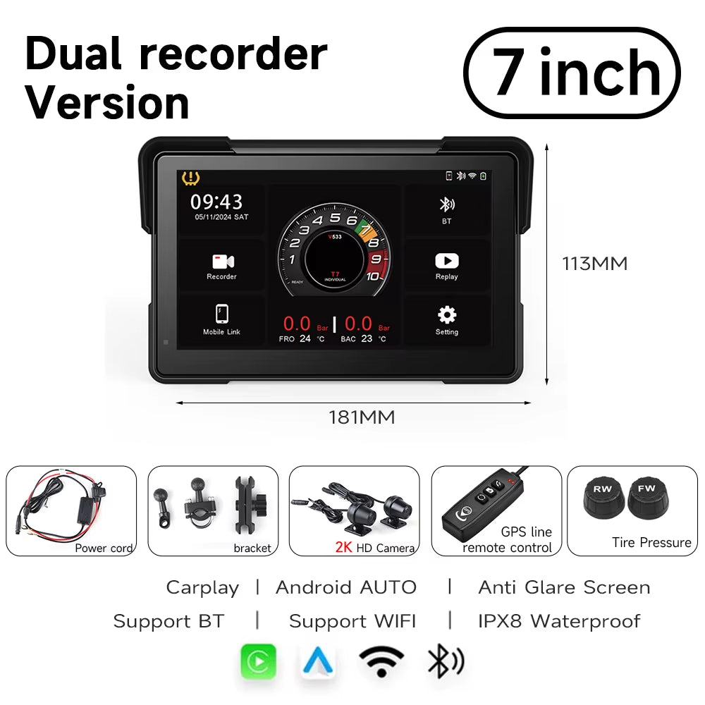 7'' Motorcycle DVR GPS Navigator Dash Cam Wireless Carplay Android Auto IPX8 Waterproof Moto Front Rear Camera Bluetooth Inch