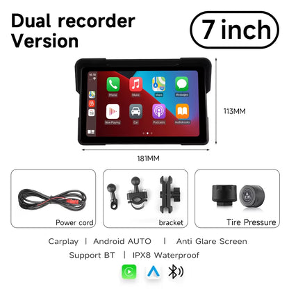 7'' Motorcycle DVR GPS Navigator Dash Cam Wireless Carplay Android Auto IPX8 Waterproof Moto Front Rear Camera Bluetooth Inch