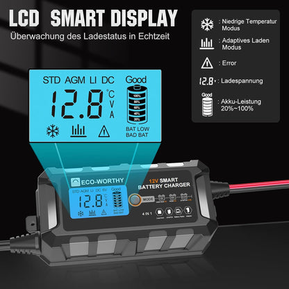 ECO-WORTHY Cargador De Baterias 12V, 5A Cargador Bateria Con Activación De Batería De Litio Para Baterías De Litio Y Plomo En Coche Moto Cortacésped Barco Baterías Marinas