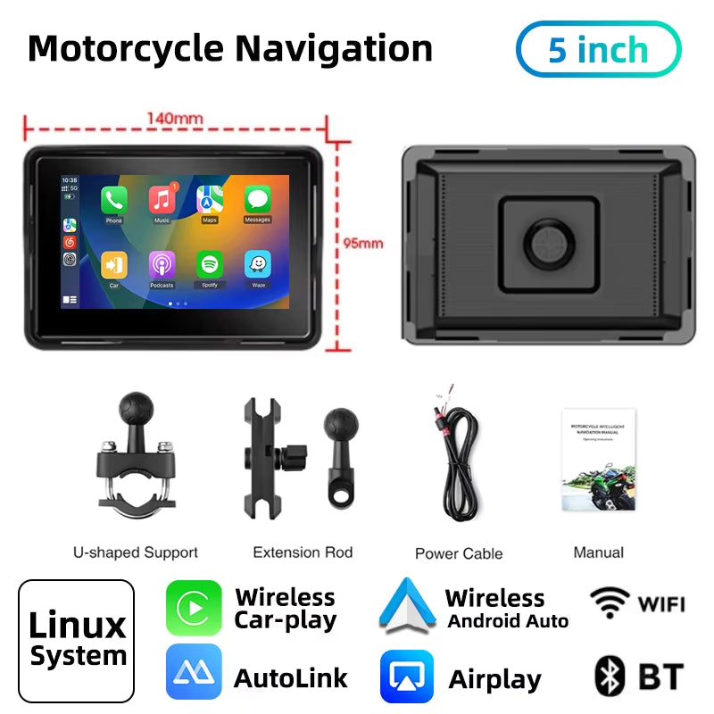 7" Inch Motorcycles DVR Navigation GPS Wireless Carplay Android Auto Portable Smart Display Waterproof IPX7 HD Recording Camera