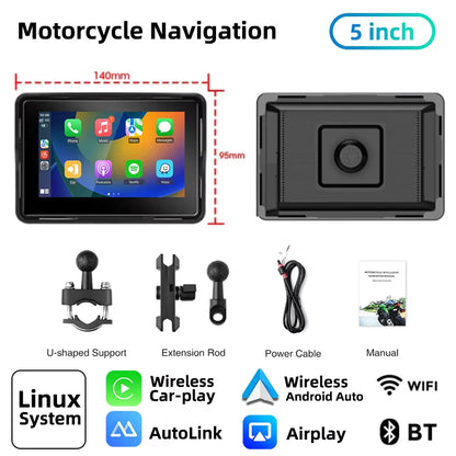 7" Inch Motorcycles DVR Navigation GPS Wireless Carplay Android Auto Portable Smart Display Waterproof IPX7 HD Recording Camera