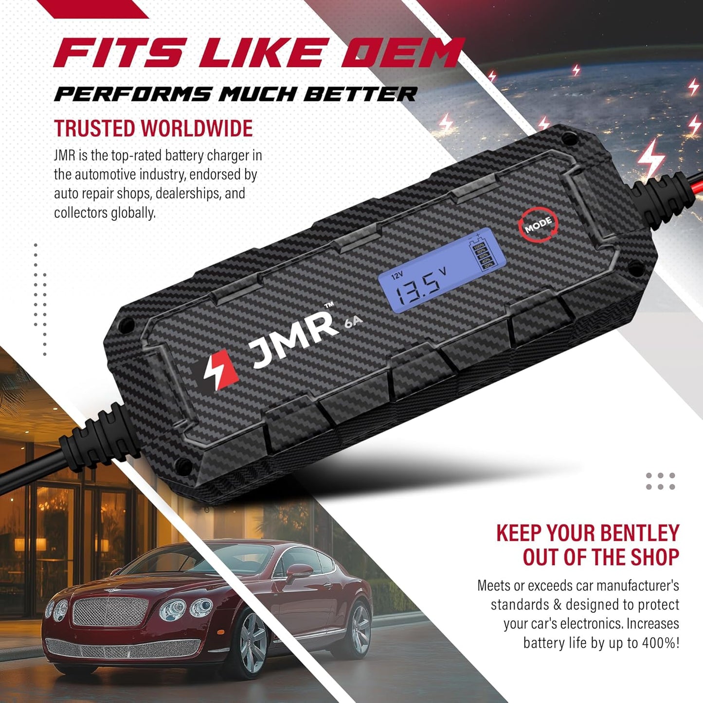 JMR Cargador De Bateria Para Bentley Continental GT Flying Spur Mulsanne Arnage Azure Brooklands Mantenedor De Carga Acondicionador (Puerto De 3-Pines, Sin Modo Litio)