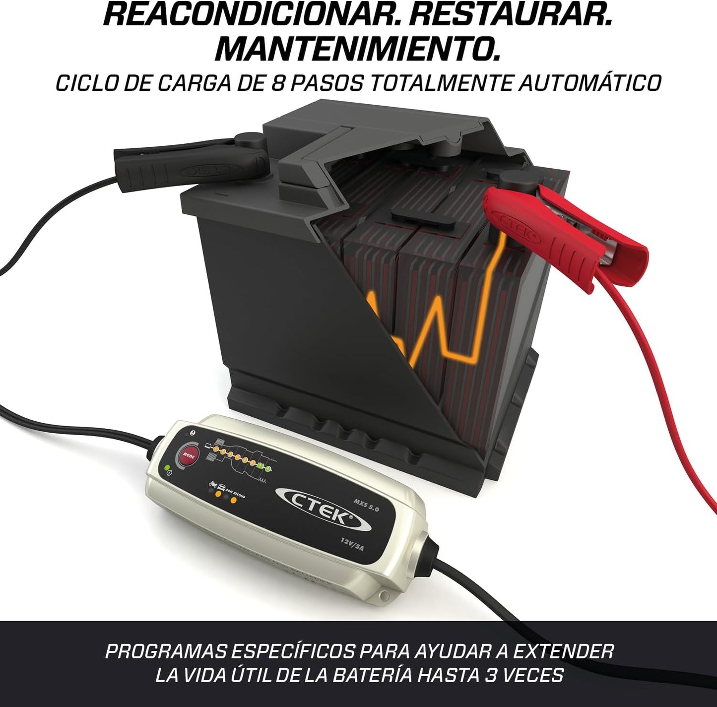 MXS 5.0, Cargador Batería 12V 5A Con Compensación De Temperatura Incorporada, Cargador De Batería De Coche Y Moto, Cargador Inteligente Baterias, Mantenedor De Batería Con Opción De AGM Dedicada