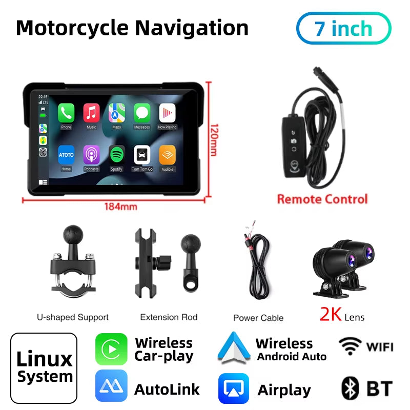 7" Inch Motorcycles DVR Navigation GPS Wireless Carplay Android Auto Portable Smart Display Waterproof IPX7 HD Recording Camera