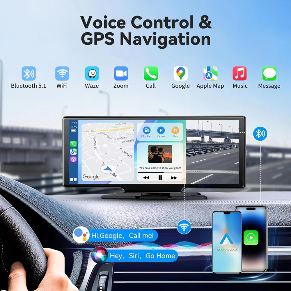 10.26 Inch IPS Screen Wireless Carplay Android Auto Support Reverse Camera Car Dashboard Monitor Bluetooth FM GPS Navigation