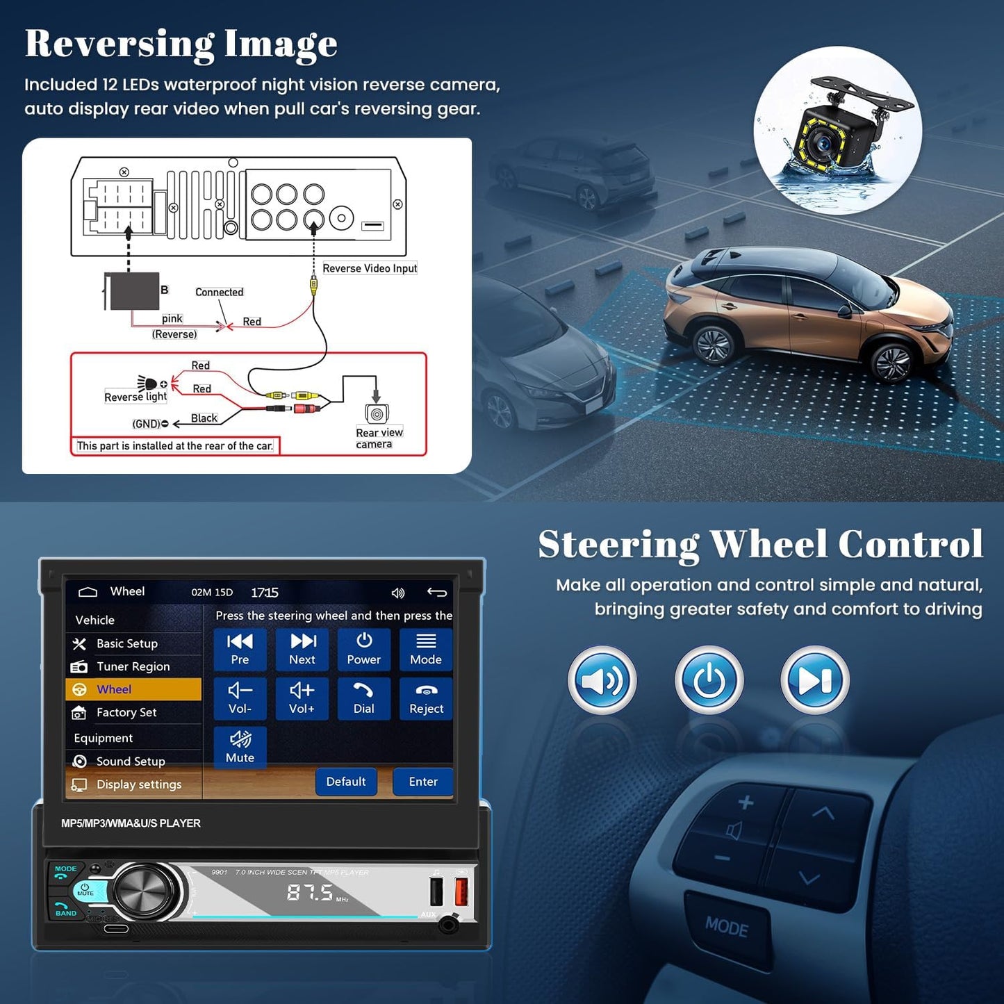 Hikity Am FM Radio Coche 1 DIN Wireless Carplay Android Auto Con Retráctil Pantalla Táctil 7 Pulgadas 1Din Bluetooth Mirror Link USB + Cámara De Marcha Atrás Y Control Remoto