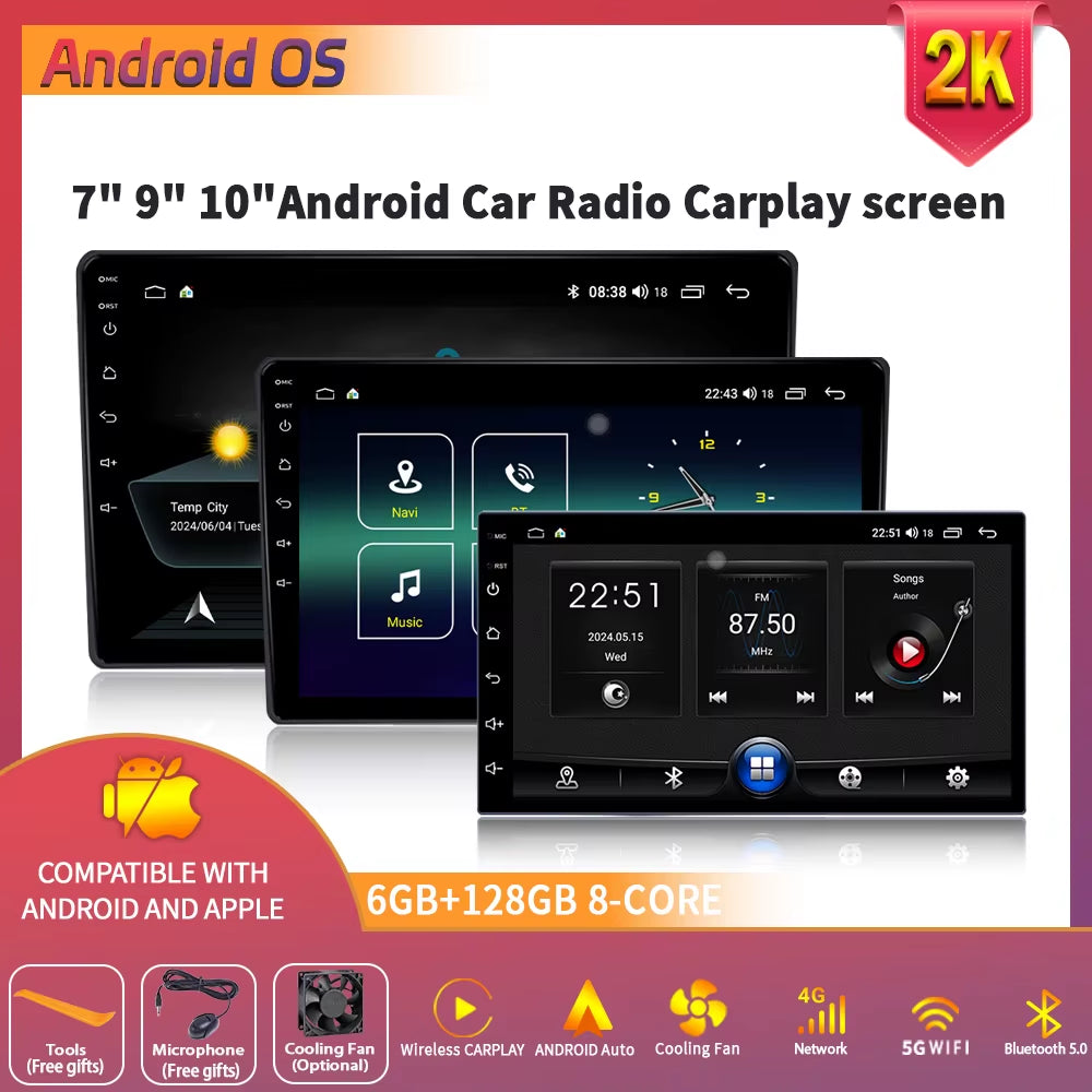 Android Car Radio Multimedia Video Player Navigation Head Unit Screen Android 14 Wireless Carplay Stereo 7" 9" 10" Inch