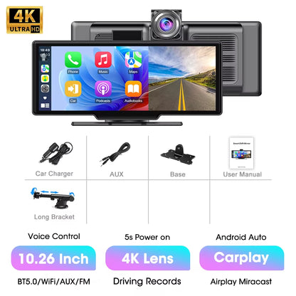 10.26'' 4K Dash Cam Car DVR Android Auto Carplay Display Screen Smart Car System Video Recorder Monitor with Rear Camera 5G WIFI