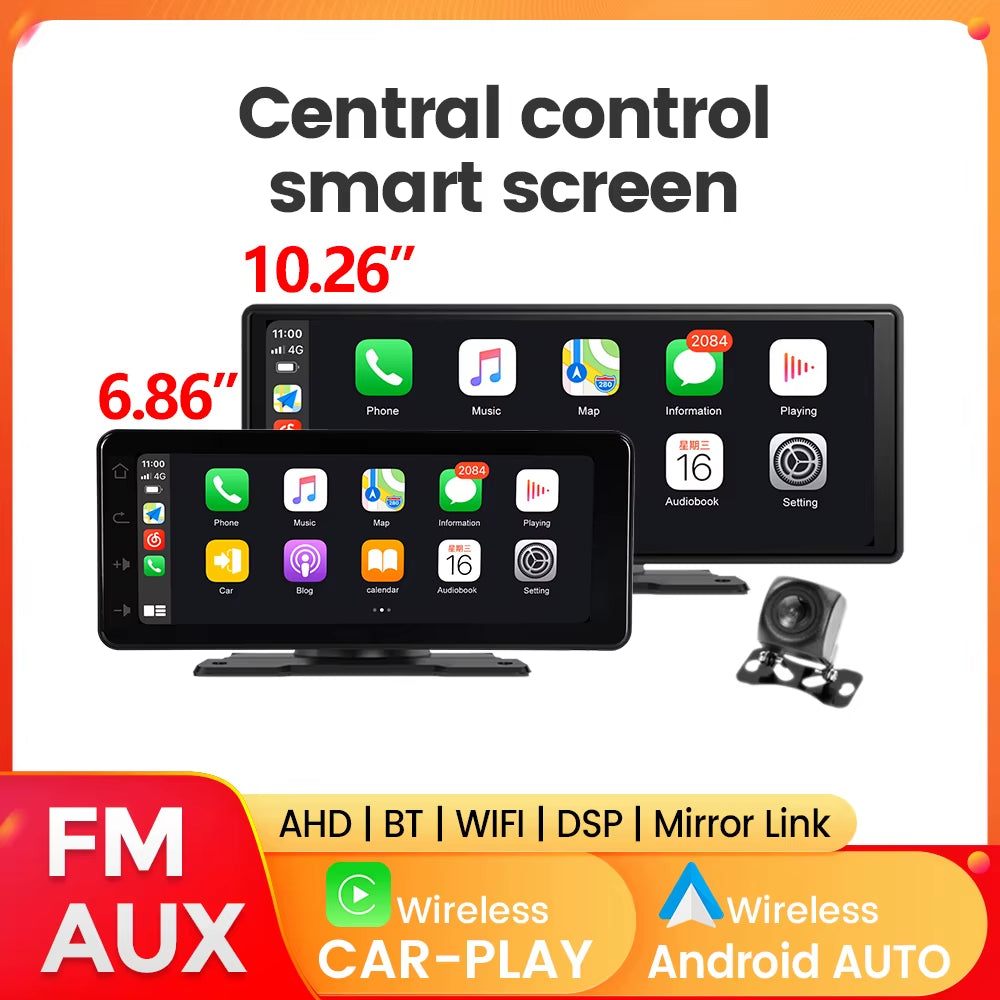 10.26" Car Monitor Wireless Carplay Android-Auto Screen DSP WIFI Multimedia Player Support HD Camera FM AUX Navigation Dashboard