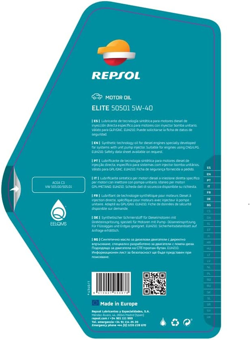 REPSOL Aceite Lubricante Sintético Para Coche ELITE 50501 5W-40 5L