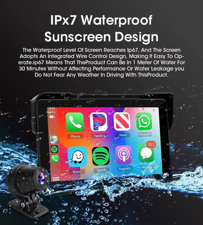 7" Inch Motorcycles DVR Navigation GPS Wireless Carplay Android Auto Portable Smart Display Waterproof IPX7 HD Recording Camera