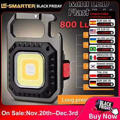 Mini LED Flashlight Magnetic COB Outdoor Camping Pocket Work Light 800 Lumens USB Rechargeable 7 Modes Spotlights