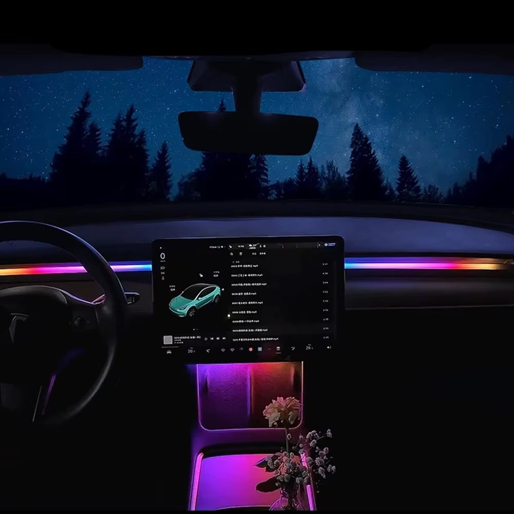 For Tesla Model Y 3 64Color RGB Ambient Light Kit Dashboard Car Center Console Center Stack APP Control LED Strips Neon Lighting