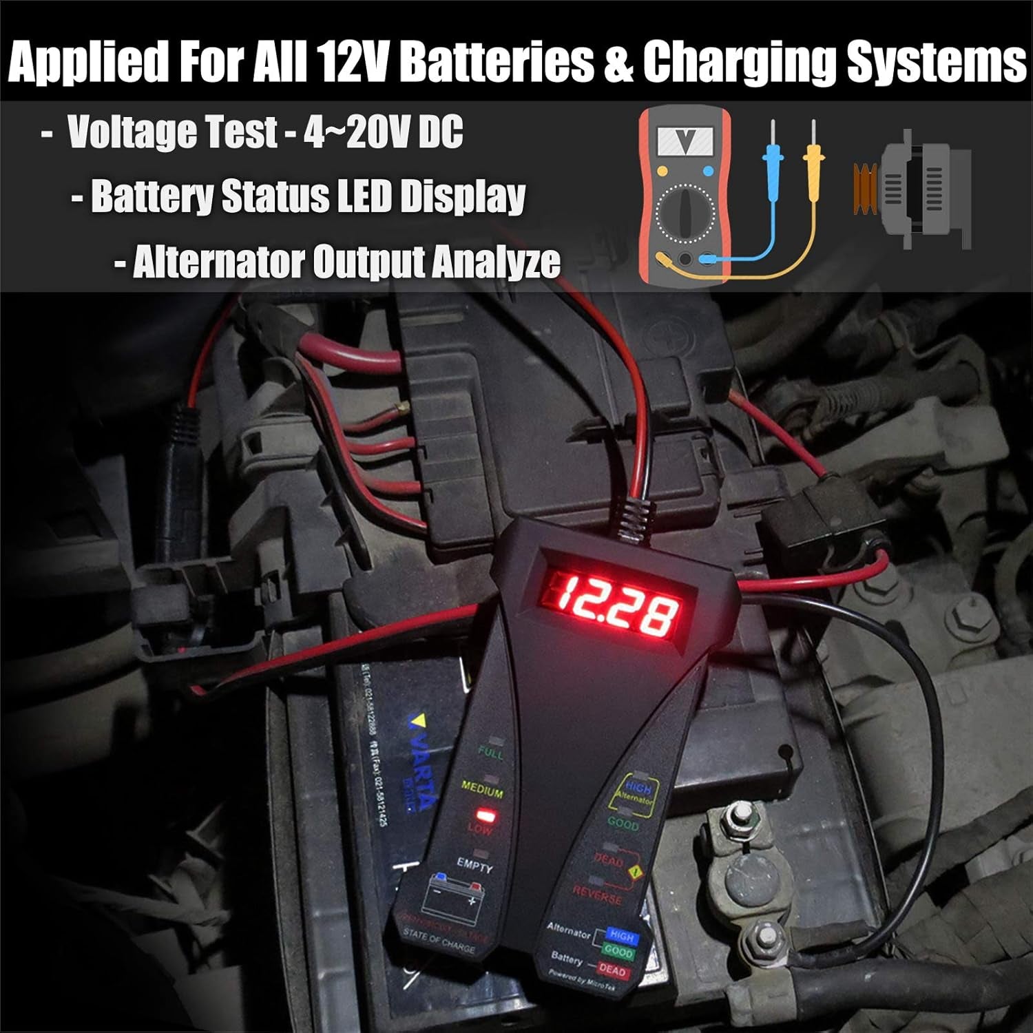 MP0514A-UK 12V Comprobador Digital De Batería Con Voltímetro Y Sistema De Carga Alternador Con Pantalla LCD E Indicador LED