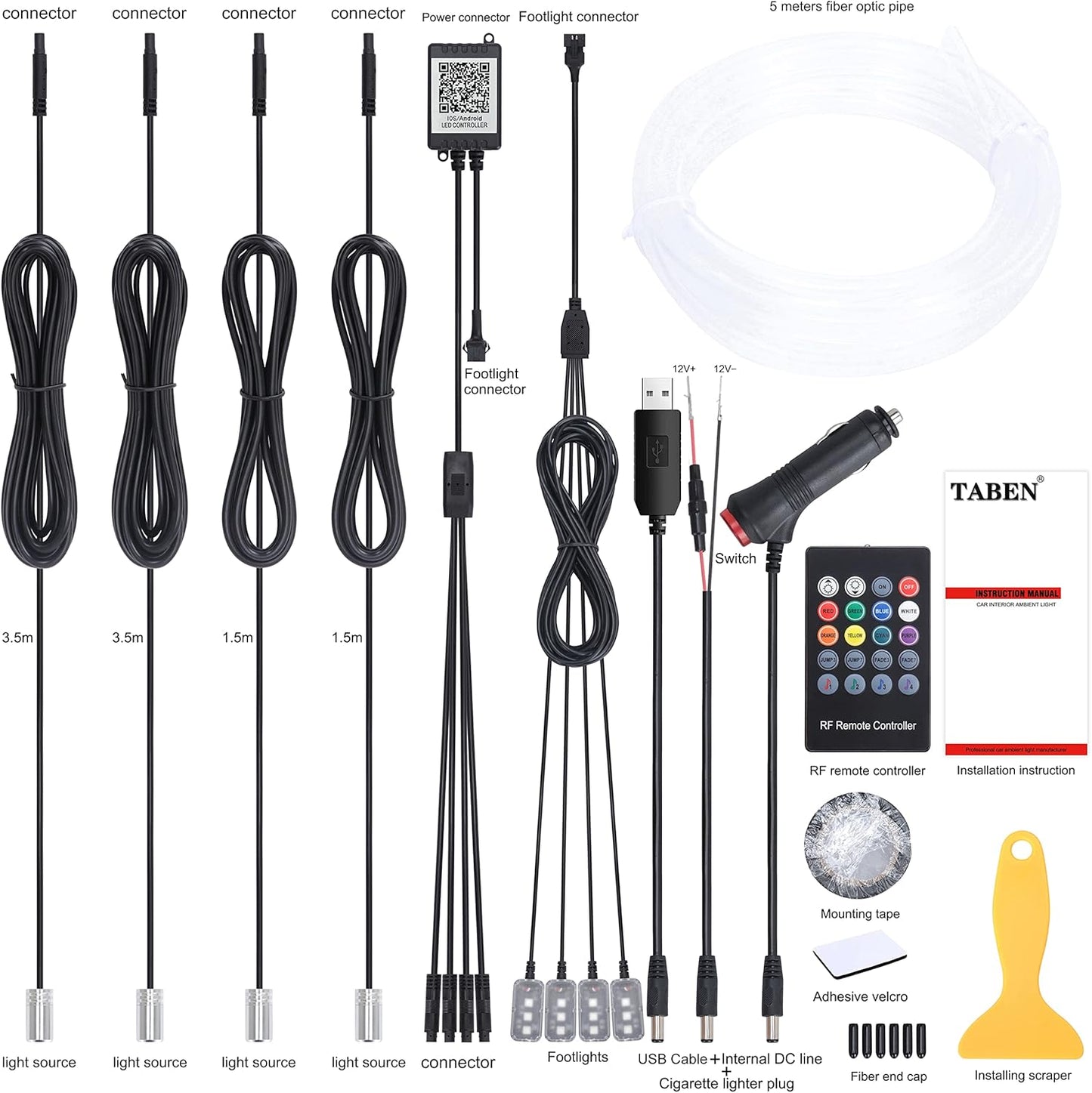 TABEN Kit De Luces De Ambiente Para Coche Sincronización Música RGB 16 Millones De Colores 5 Metros Fibra Óptica USB Footwell Luz Ambiental, Control Remoto RF Y Control De Aplicación Bluetooth DC 12V