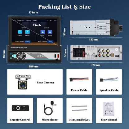 Hikity Am FM Radio Coche 1 DIN Wireless Carplay Android Auto Con Retráctil Pantalla Táctil 7 Pulgadas 1Din Bluetooth Mirror Link USB + Cámara De Marcha Atrás Y Control Remoto