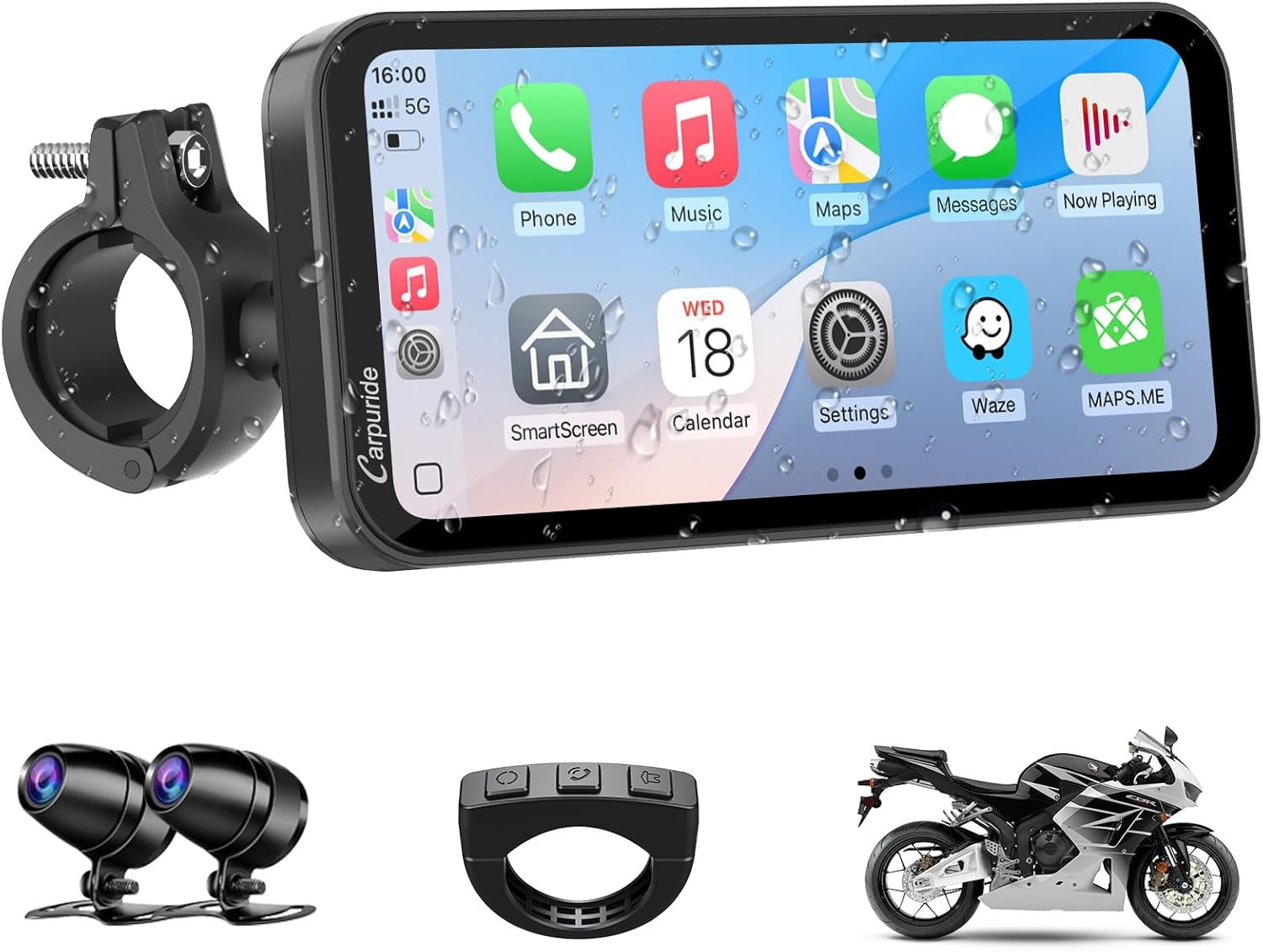 Carpuride Pantalla Carplay GPS Para Motocicleta De 6,3 Pulgadas, Carplay Inalámbrico Y Android Auto Para Motocicletas, Con Cámara Dual 1080P, Control Remoto, IP67 a Prueba De Agua, BT Aduio