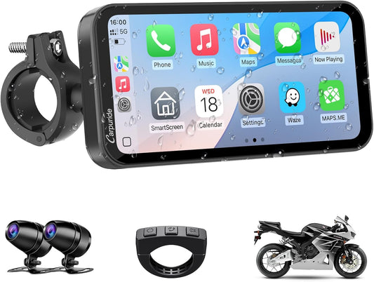 Carpuride Pantalla Carplay GPS Para Motocicleta De 6,3 Pulgadas, Carplay Inalámbrico Y Android Auto Para Motocicletas, Con Cámara Dual 1080P, Control Remoto, IP67 a Prueba De Agua, BT Aduio