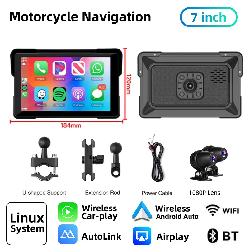 7" Inch Motorcycles DVR Navigation GPS Wireless Carplay Android Auto Portable Smart Display Waterproof IPX7 HD Recording Camera